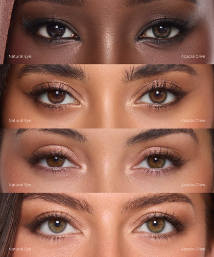 Eye makeup swatches with 'Natural Eye' and 'Acacia Olive' labels on a neutral background.